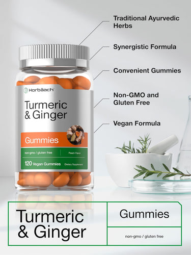 View 4 Product highlights graphic stating Traditional Ayurvedic Herbs, Synergistic Formula, Convenient Gummies, Non-GMO, Gluten Free, Vegan