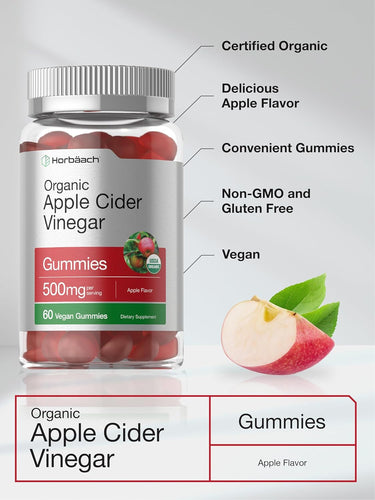 Jar of Organic Apple Cider Vinegar Gummies with features listed on a gray background
