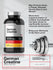 German Creatine supplement bottle with text about its benefits and a dumbbell on a light gray background.