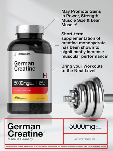 German Creatine supplement bottle with text about its benefits and a dumbbell on a light gray background.