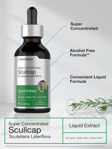 Bottle of Super Concentrated Scullcap Liquid Extract with text highlighting features on a gray background