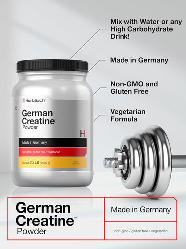 View 9 Horbaach German Creatine Powder container with a barbell, highlighting features like 'Made in Germany' and 'Non-GMO'.