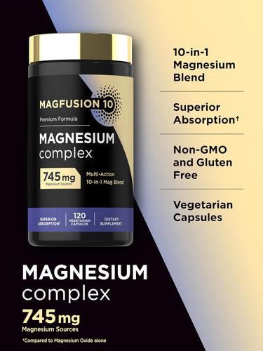 View 4 Carlyle 10 Magnesium Complex with 745 mg of magnesium sources in 120 vegetarian capsules.