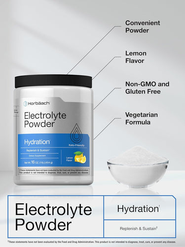 Horbaach Electrolyte Powder container with lemon flavor, non-GMO, gluten-free, vegetarian formula, and hydration benefits on a gray background.