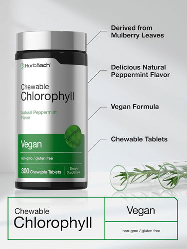 View 4 Horbäach Chewable Chlorophyll, Natural Peppermint flavor, 300 Tablets. Vegan, non-GMO, gluten-free, from Mulberry Leaves.
