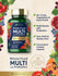 Nature's Fortune Whole Food Multi with Probiotics supplement bottle surrounded by fruits and vegetables on a beige background.