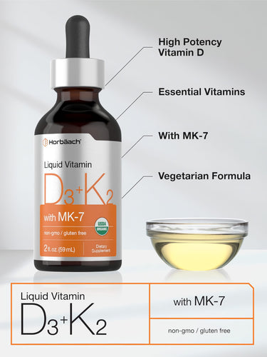 View 4 Product highlights graphic stating High Potency Vitamin D, Essential Vitamins, With MK-7, Vegetarian Formula, non-gmo, gluten free, USDA Organic.