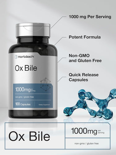 Horbaach Ox Bile supplement bottle with product details on a gray background