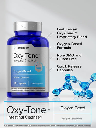 View 4 Oxy-Tone Intestinal Cleanser supplement bottle with features listed on a gray background
