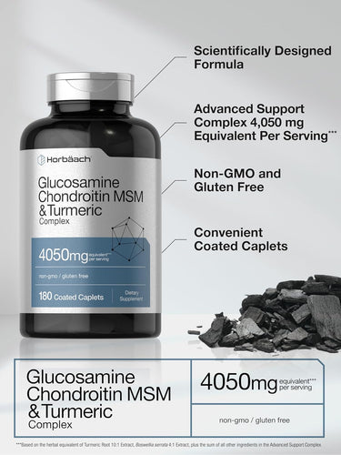 Bottle of Glucosamine Chondroitin MSM & Turmeric Complex with text highlighting features on a gray background
