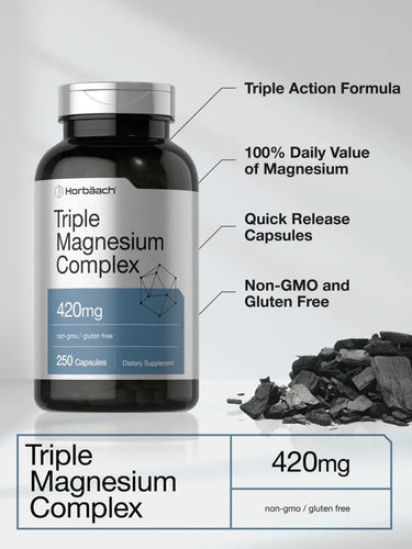 Bottle of Horbach Triple Magnesium Complex supplement with product details on a gray background