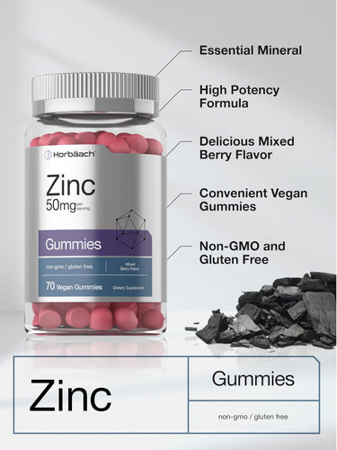 View 4 Horbaach Zinc 50mg Gummies in Mixed Berry Flavor, 70 vegan gummies, Non-GMO and gluten-free.