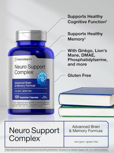 Neuro Support Complex supplement bottle with text highlighting benefits on a gray background