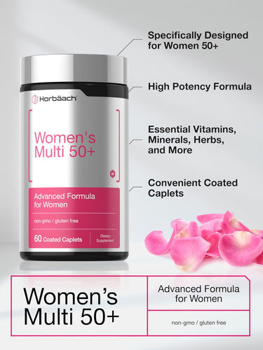 View 4 Women's Multi 50+ Advanced Formula, non-gmo and gluten-free, 60 coated caplets dietary supplement for women.