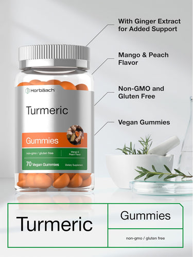 View 4 Horbaach Turmeric Gummies: 70 vegan mango and peach gummies with ginger extract, non-GMO, and gluten-free.