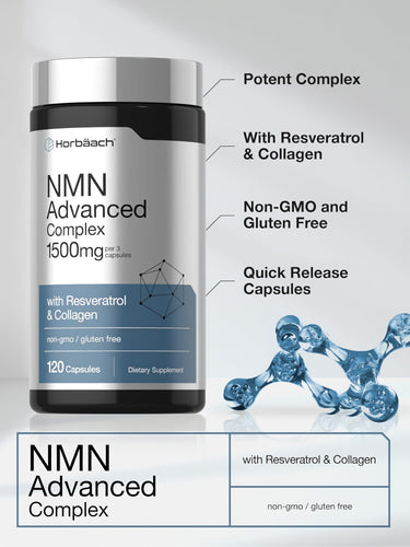 View 4 Product highlights graphic stating Potent Complex, With Resveratrol & Collagen, Non-GMO and Gluten Free, Quick Release Capsules.