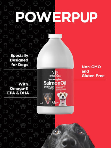 Dog supplement bottle with 'PowerPup' branding on a red and black background