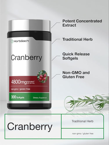 View 4 Horbäach Cranberry 4800mg per serving, 300 Softgels. Non-GMO and gluten-free dietary supplement.