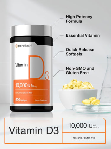 View 4 Horbäach Vitamin D3 10,000 IU 500 Softgels. High potency, essential vitamin, quick release, non-GMO, gluten free.
