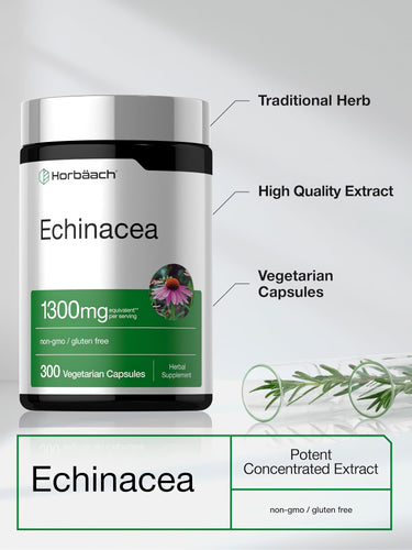 View 4 Echinacea 1300mg equivalent, 300 vegetarian capsules. Non-GMO and gluten-free. Traditional herb, potent concentrated extract.