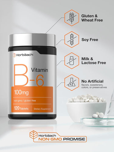 View 5 Vitamin B6 bottle with icons indicating Gluten & Wheat Free, Soy Free, Milk & Lactose Free, No Artificial Flavors, Non-GMO.