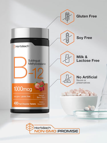 View 5 B-12 bottle labeled as Gluten Free, Soy Free, Milk & Lactose Free, No Artificial flavors/preservatives, NON-GMO PROMISE.