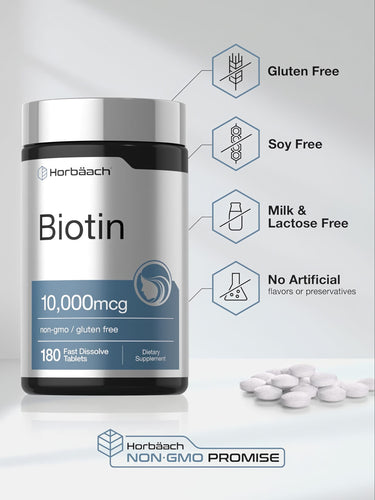 View 5 Biotin bottle labeled Gluten Free, Soy Free, Milk & Lactose Free, No Artificial Flavors/Preservatives, Non-GMO.