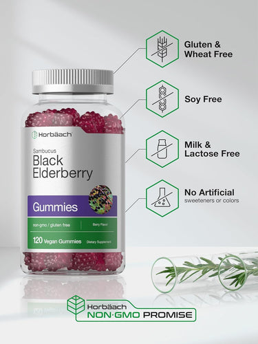 Bottle of Sambucus Black Elderberry Gummies with dietary information on a white background.