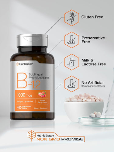 B12 supplement bottle with features listed on a gray background
