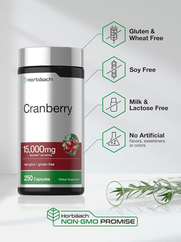 View 5 Horbäach Cranberry bottle with icons indicating it's Gluten & Wheat Free, Soy Free, Milk & Lactose Free, No Artificial Flavors.