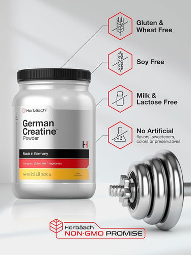 View 11 Horibaach German Creatine Powder container with a dumbbell on a light gray background