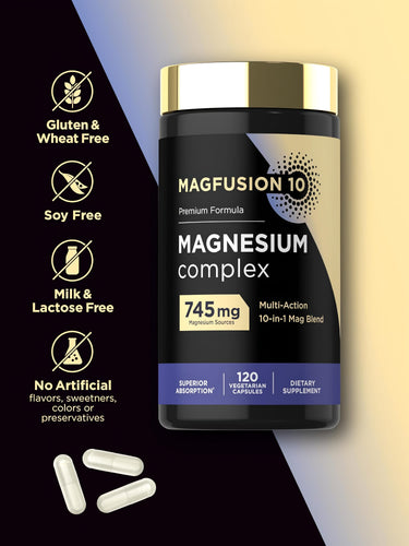 View 5 Magnesium Complex bottle with icons indicating gluten & wheat free, soy free, milk & lactose free, no artificial flavors/sweeteners/colors/preservatives.
