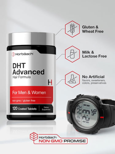 View 5 DHT Blocker bottle with icons indicating Gluten & Wheat Free, Milk & Lactose Free, No Artificial Flavors/Sweeteners/Colors/Preservatives, Non-GMO.