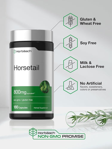 View 5 Horsetail bottle with icons indicating gluten and wheat free, soy free, milk and lactose free, no artificial flavors or preservatives.