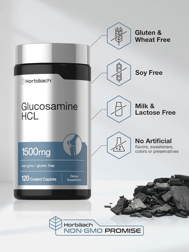 View 5 Glucosamine bottle with icons indicating Gluten & Wheat Free, Soy Free, Milk & Lactose Free, No Artificial Flavors, Non-GMO.