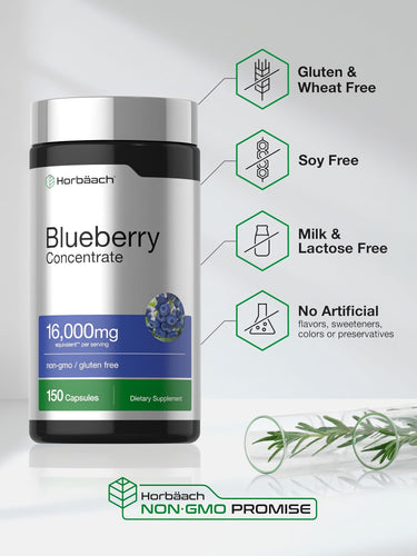View 5 Blueberry bottle with icons indicating Gluten & Wheat Free, Soy Free, Milk & Lactose Free, No Artificial Flavors, Non-GMO.