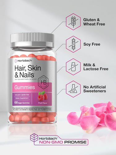 View 5 Hair, Skin & Nails Gummies bottle with icons indicating gluten free, soy free, lactose free, non-GMO, no artificial sweeteners.