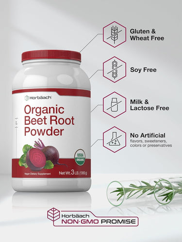 View 5 Beet Root Powder bottle with icons indicating Gluten, Wheat, Soy, Milk, and Lactose Free, No Artificial Flavors, Non-GMO.
