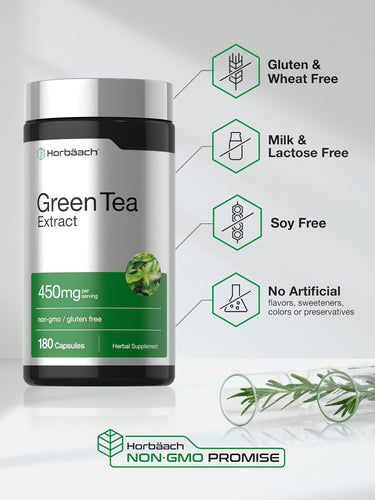 View 5 Green Tea Extract bottle with icons indicating Gluten, Wheat, Milk, Lactose, Soy free, No artificial flavors, Non-GMO, No preservatives.