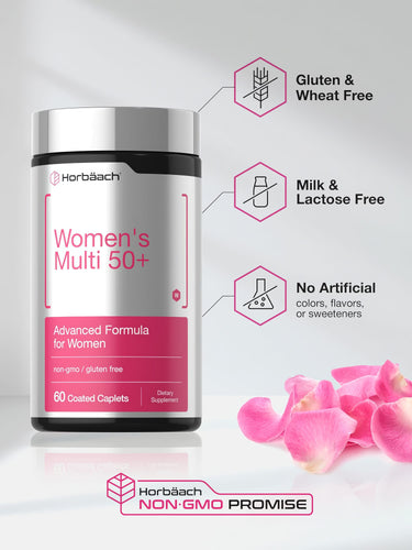 View 5 Women's Multi 50+ bottle with icons indicating Gluten Free, Wheat Free, Milk Free, Lactose Free, No Artificial colors, Non-GMO.