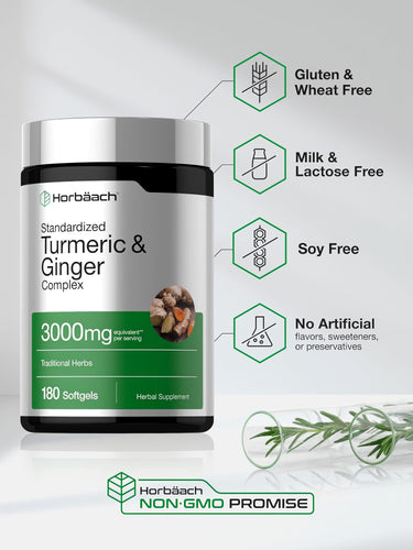 View 5 Turmeric Ginger Complex bottle with icons indicating it is gluten, wheat, milk, lactose, soy, artificial additives free, and non-GMO.