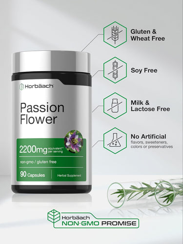 View 5 Horbäach Passion Flower capsules, 2200mg equivalent per serving, 90 count herbal supplement.