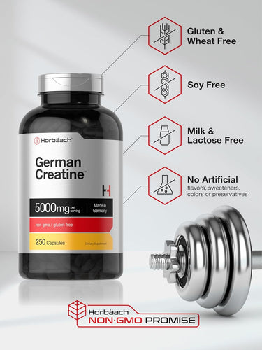 Bottle of German Creatine with nutritional information and product features on a white background