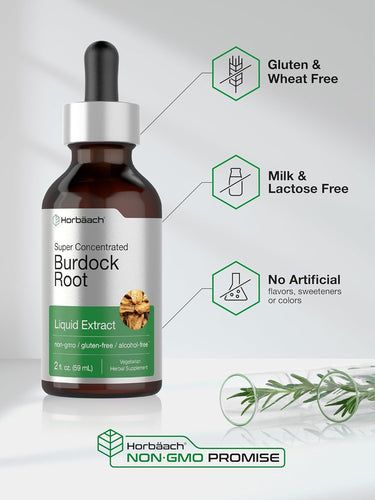 Bottle of Burdock Root Liquid Extract with certification icons on a light gray background