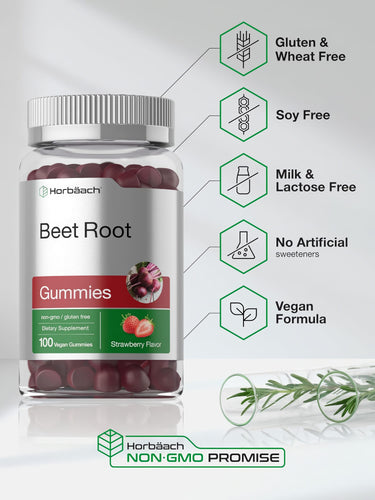 View 5 Beet Root Gummies bottle with icons indicating gluten & wheat free, soy free, milk & lactose free, vegan, and non-GMO.