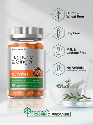 View 5 Turmeric & Ginger Gummies bottle with icons indicating gluten & soy free, lactose free, no artificial additives, non-GMO.