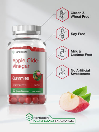 View 5 Apple Cider Vinegar Gummies bottle with icons indicating gluten, wheat, soy, milk, lactose free, no artificial sweeteners.