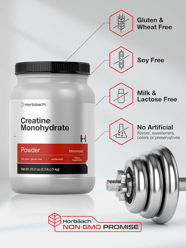 Container of Horbach Creatine Monohydrate Powder with a dumbbell on a light gray background