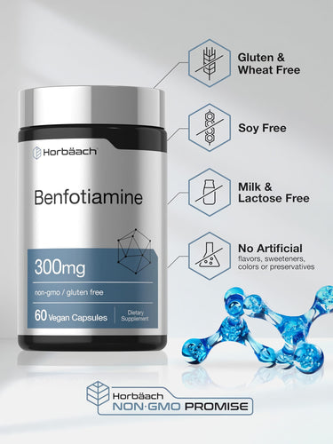 View 5 Benfotiamine bottle with icons indicating gluten, soy, milk and lactose free, no artificial flavors or colors, and non-GMO.
