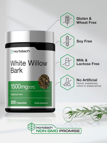 View 5 White Willow Bark bottle with icons indicating gluten, wheat, soy, milk, lactose free, no artificial flavors, non-GMO.